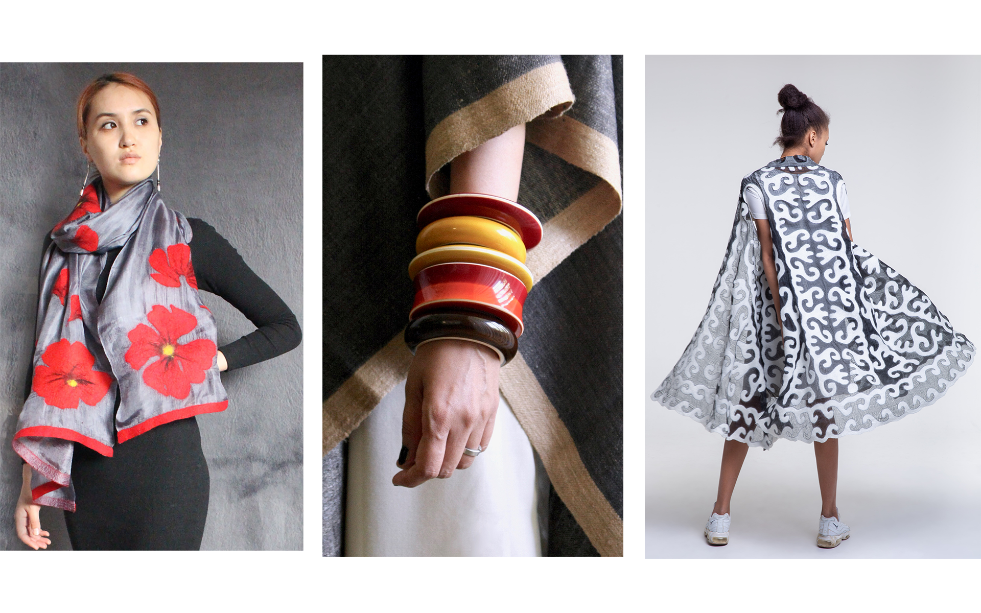 On the left, a woman models a silver and red scarf. In the middle, a model wears chunky red and brown bracelets. On the right, a model wears a white and blue flowing vest.