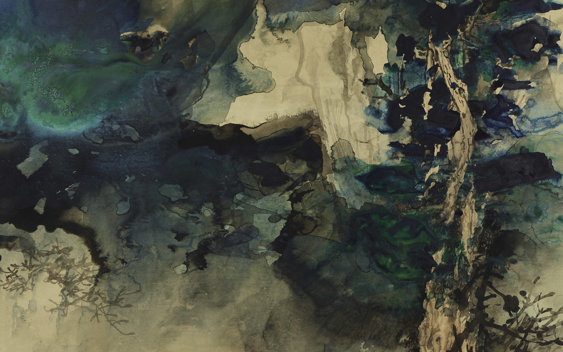 An abstract painting of a tree and the sky in green, blue, black, and brown ink.