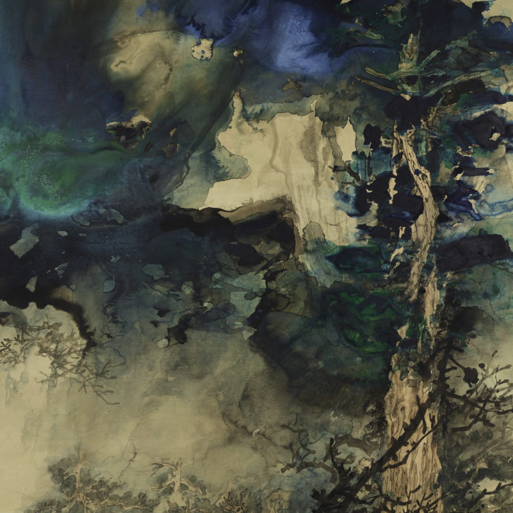 An abstract painting of a tree and the sky in green, blue, black, and brown ink.