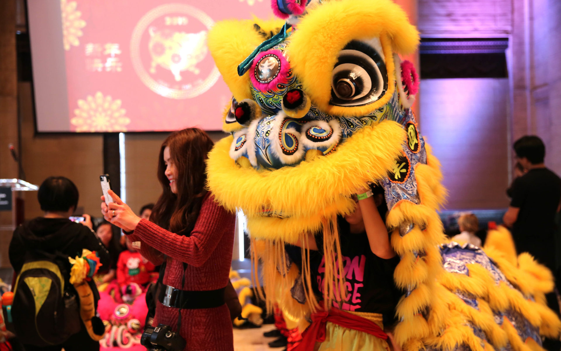 A person wearing an elaborate yellow, blue, pink, and white lion dance constume.