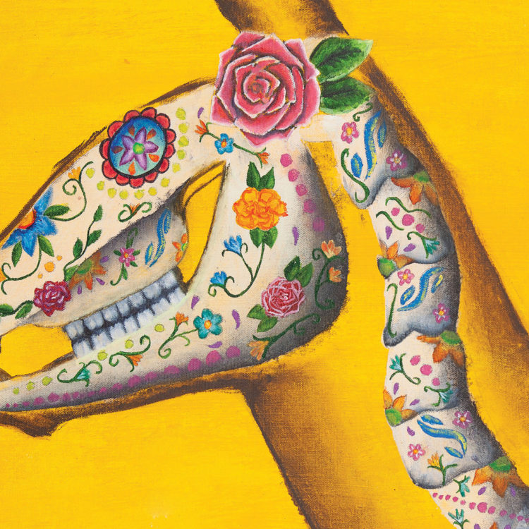 Painting of an animal skeleton elaborately painted with flowers and designs.