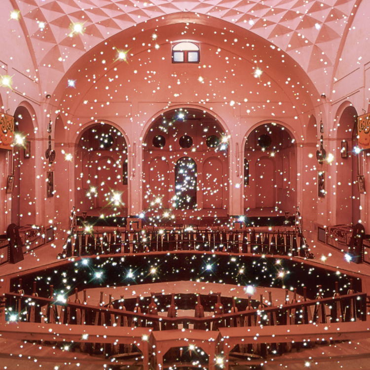 A room with a red filter and sparkles.