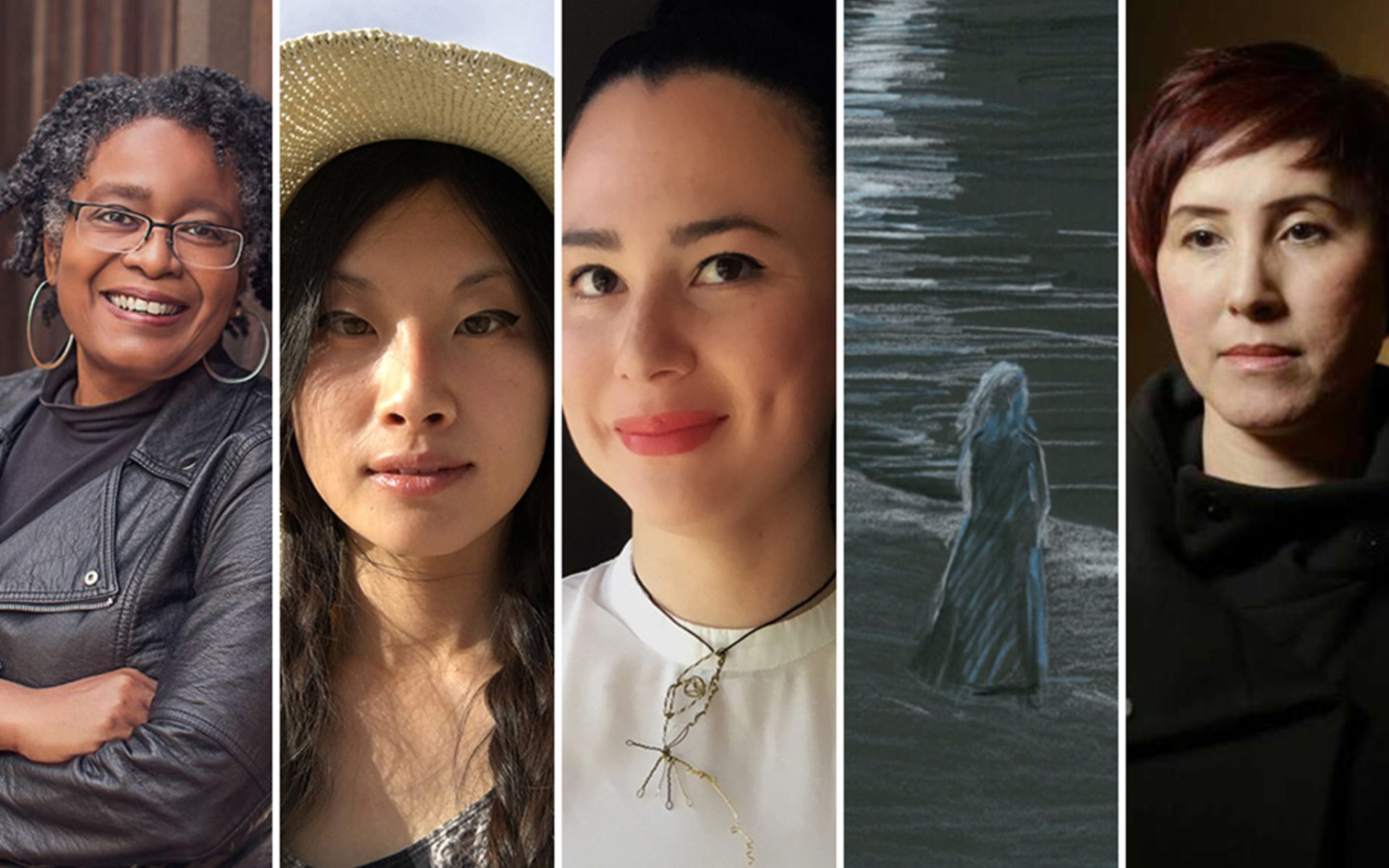 Collage of five event speaker portraits.