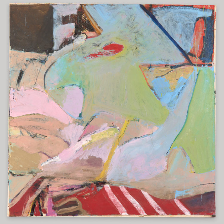 Abstract painting with large areas of pink, pale green, light blue, yellow, orange, red, and brown.