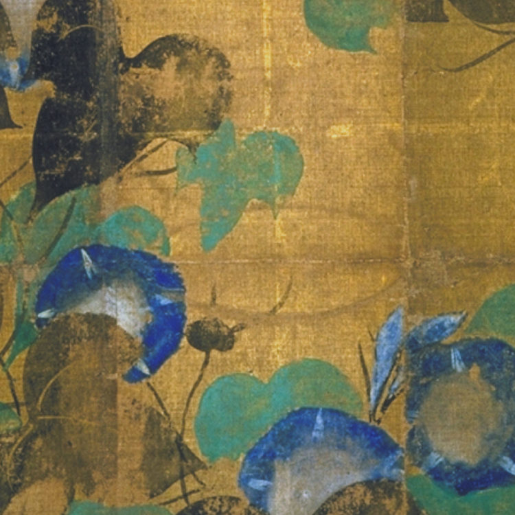 Painting of blue and white morning glory flowers with grey and green leaves on gold paper with a red name seal in the lower right.