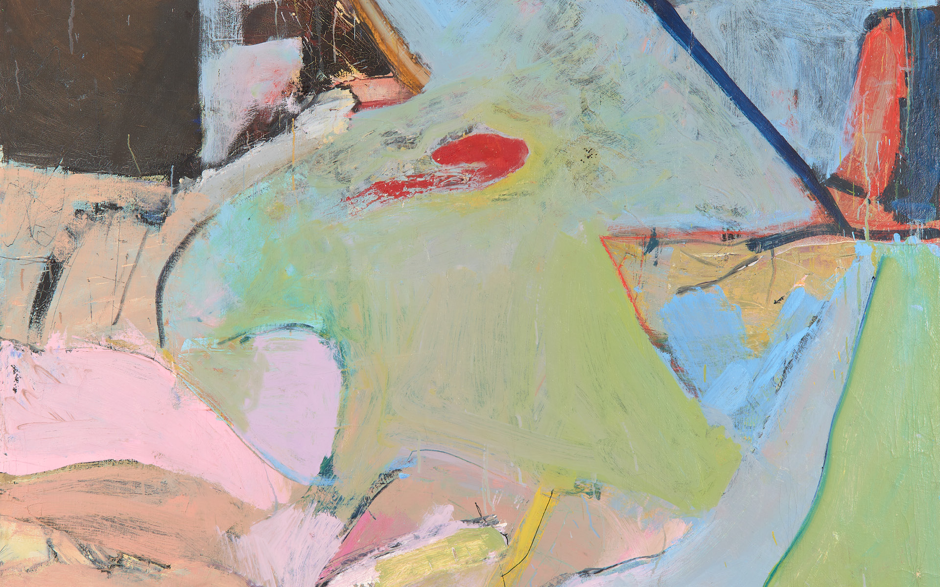 Abstract oil painting with pastel colors in pink, blue, yellow, and green.
