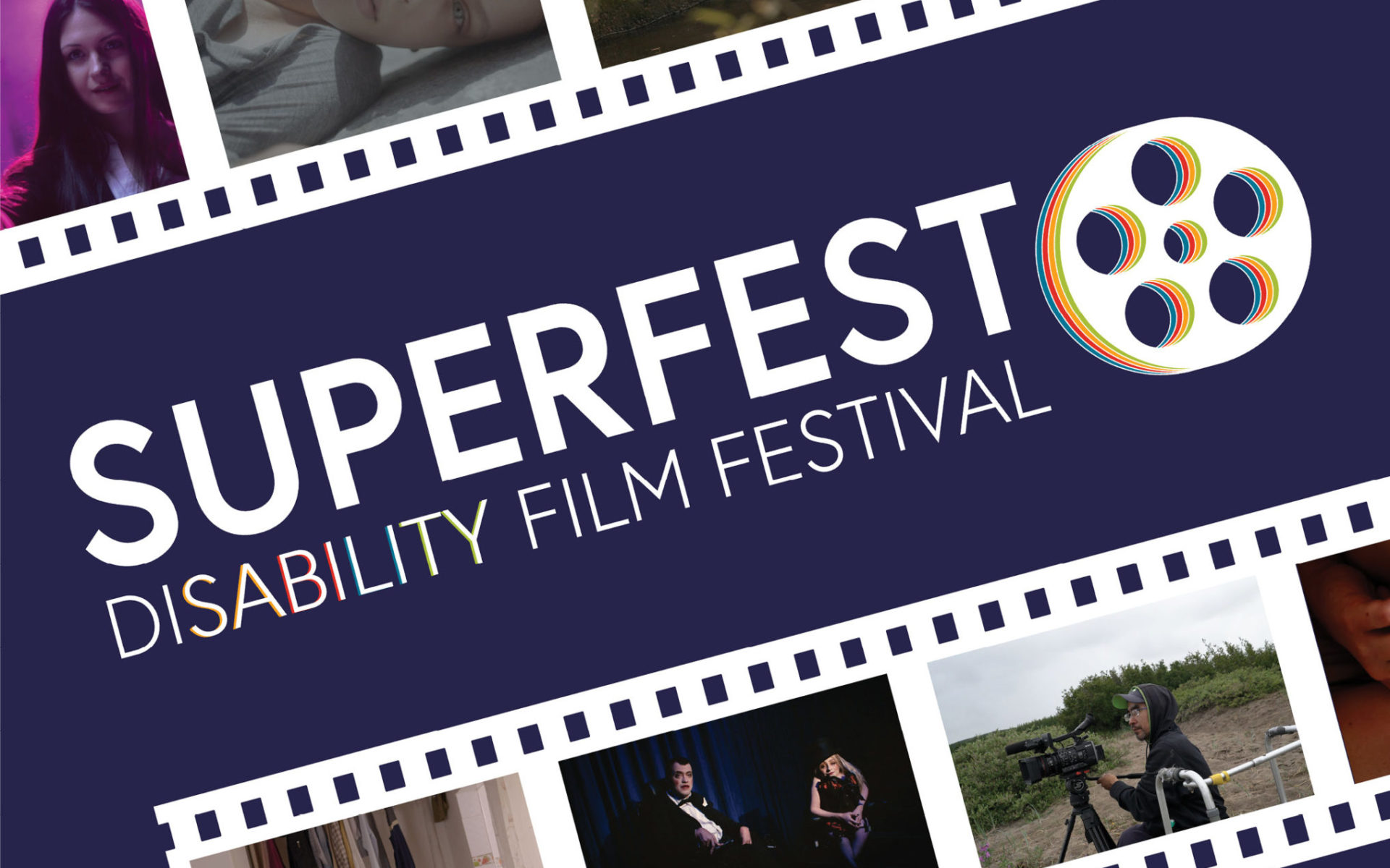 Superfest logo with letters at a slant and a strip of boxes made to look like film, with boxes lined with smaller ones above and below them to resemble sprockets. Inside each larger box is a picture of various scenes from films.