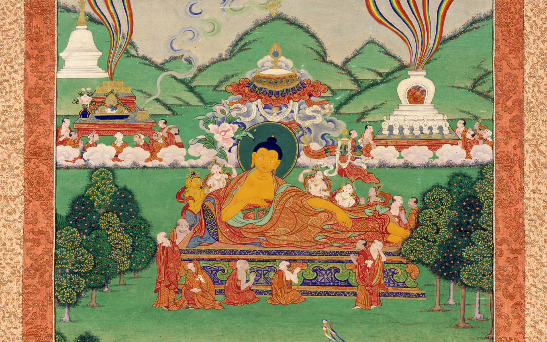 Death of the Buddha Shakyamuni, approx. 1700-1800. Tibet. Colors on cotton. Asian Art Museum, The Avery Brundage Collection, B66D23. Photograph © Asian Art Museum of San Francisco.
