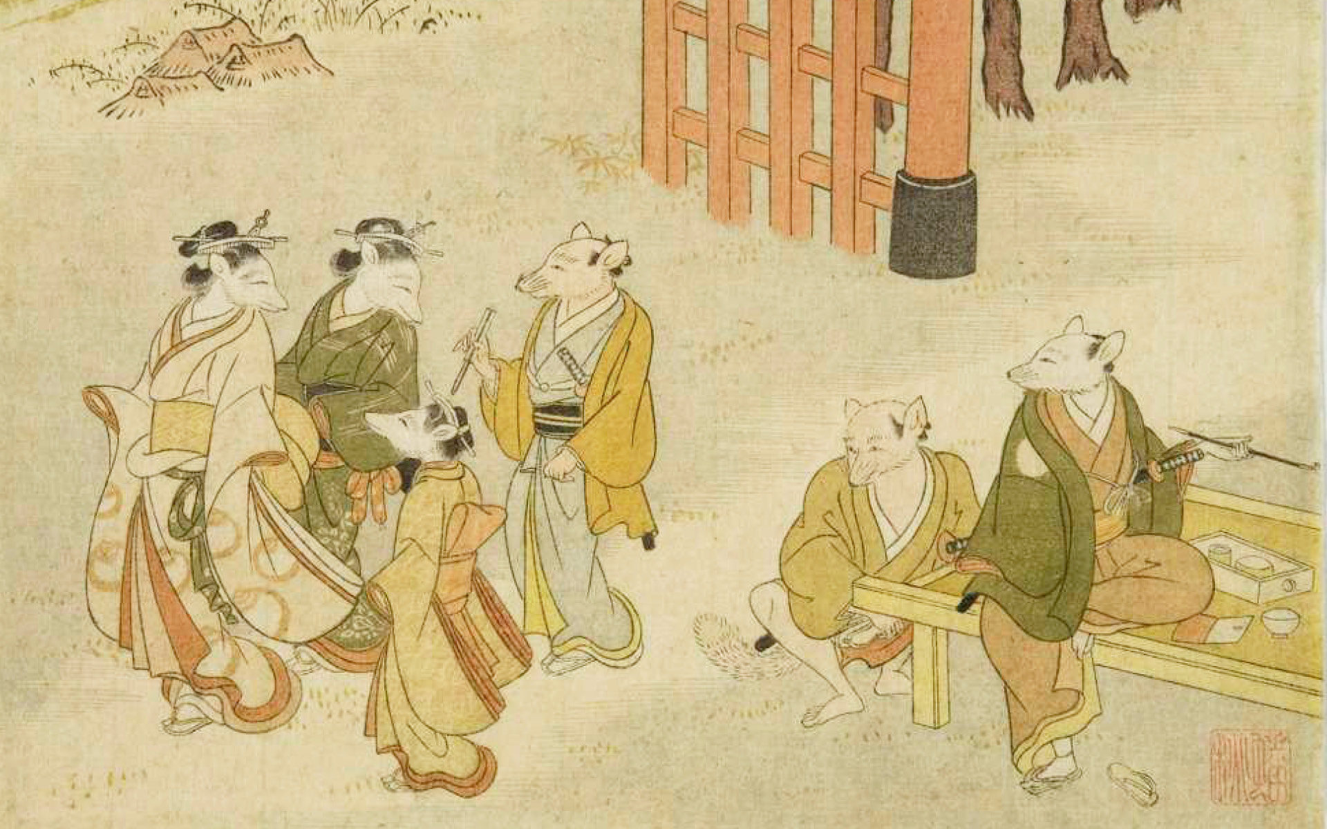 Six fox-humans, three females strolling with one male look over their shoulders at a male fox-human seated with a pipe at an outdoor cafe near a shrine attended by another male who squats near him.
