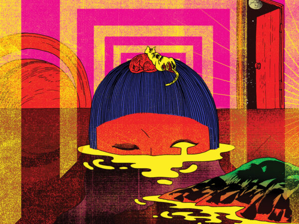 A giant head in a river crying yellow tears that ripple out along the water and some rocks. Large squares in repeating pattern appear in the background.