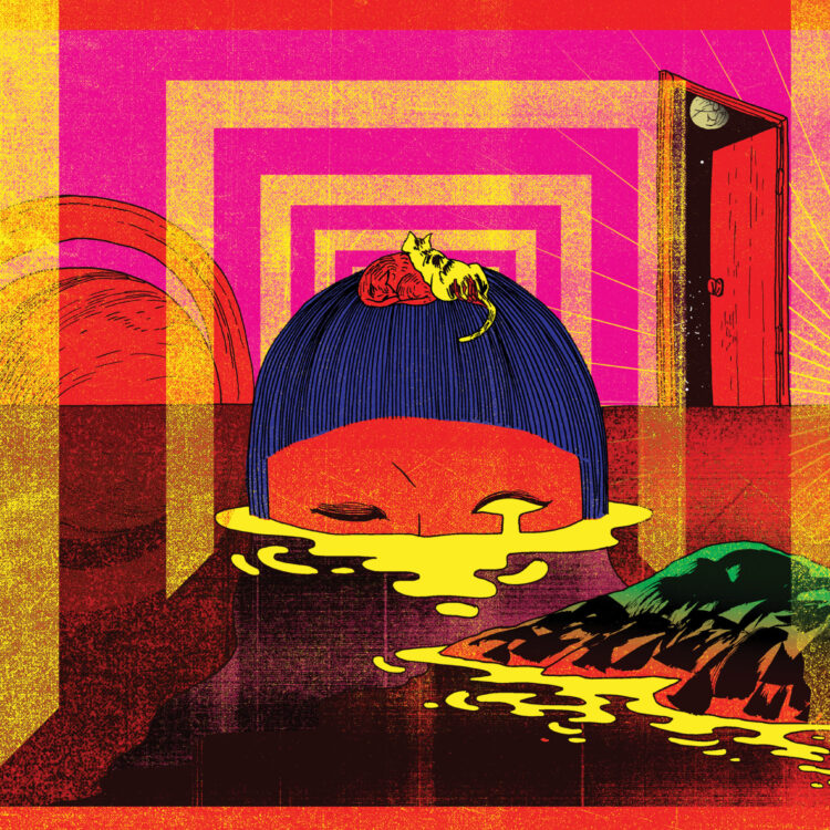 A giant head in a river crying yellow tears that ripple out along the water and some rocks. Large squares in repeating pattern appear in the background.