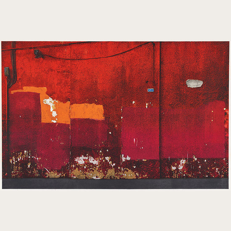 Abstracted rendering of a scuffed red wall.
