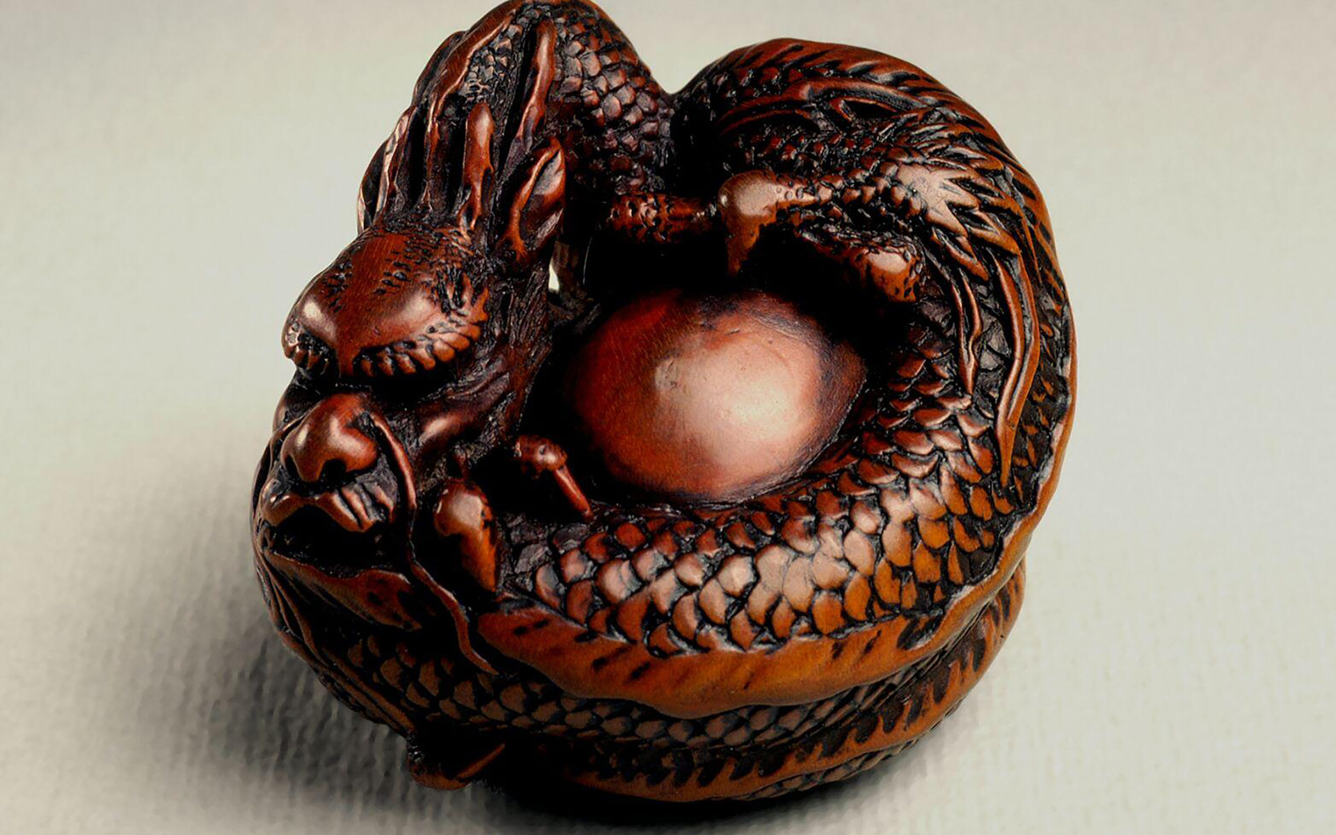 Dragon coiled around a jewel, probably 1850-1925. by Kano Tomokazu (Japanese, approx. 1770 - approx. 1842). Wood. Asian Art Museum, B70Y5. Photograph © Asian Art Museum of San Francisco.